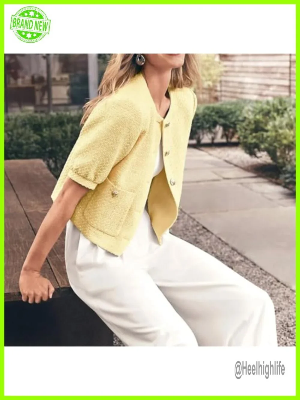 Cropped Crew Neck Tweed Blazer with Pockets Puff Short Sleeve